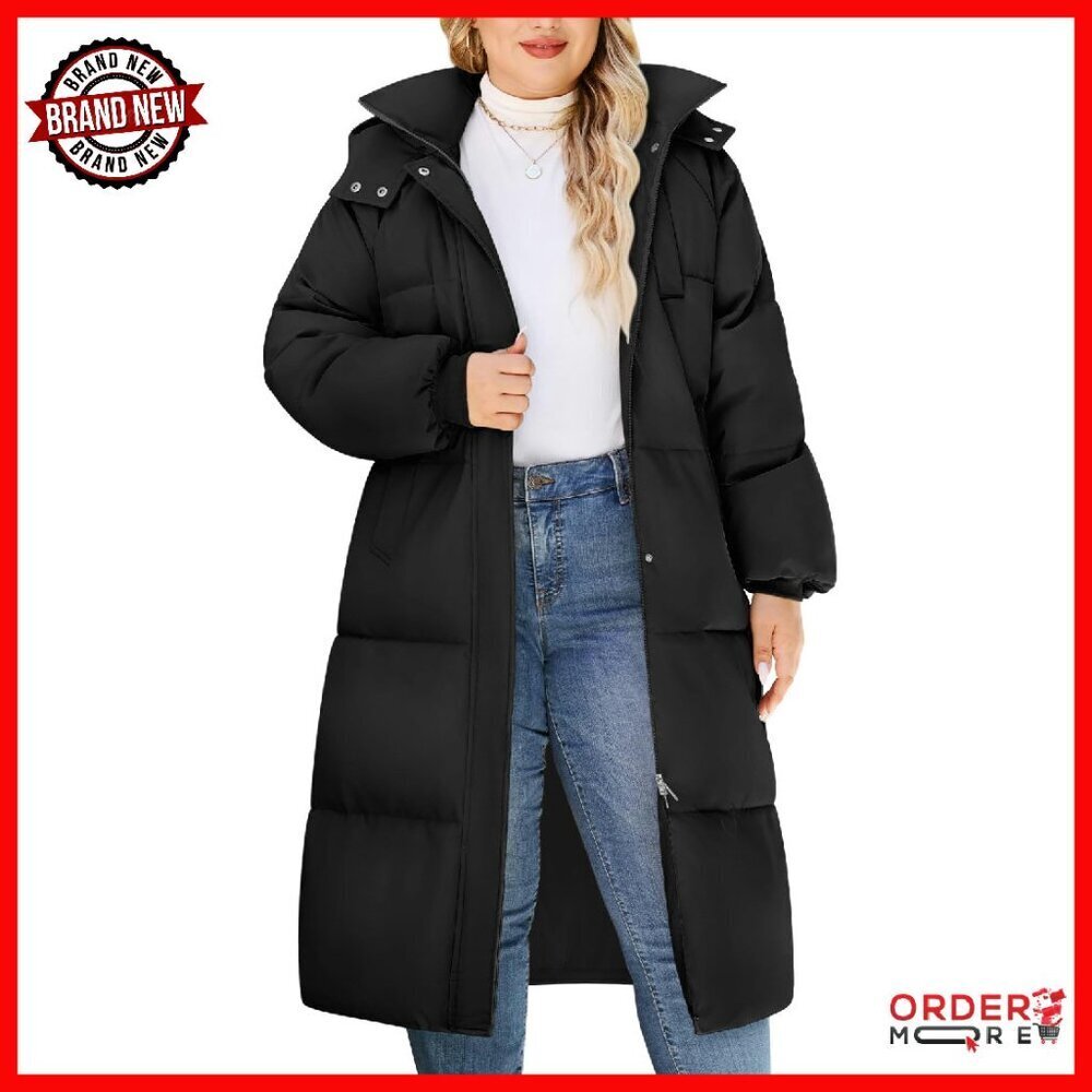 Plus Size Winter Coat Knee Length Fleece Lined Hooded Windproof Jacket